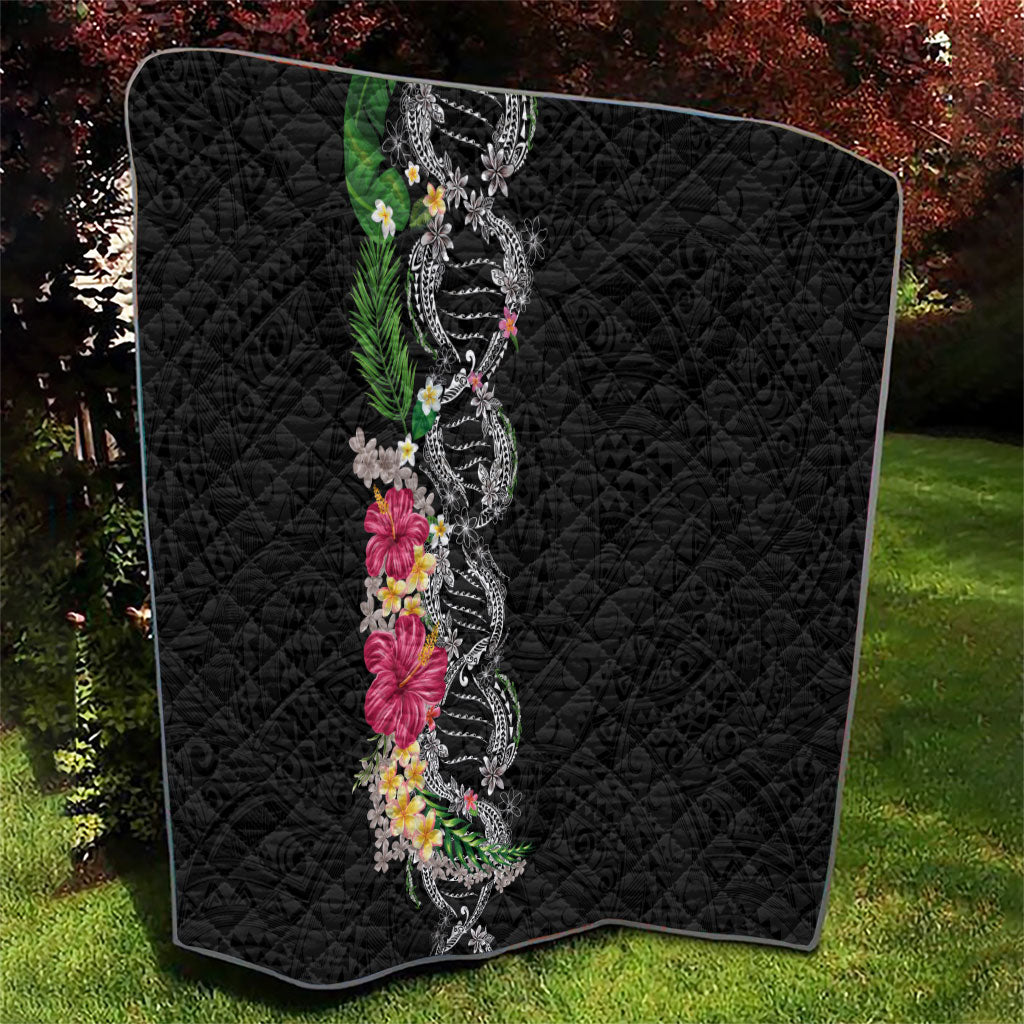 Hawaii DNA Kakau Tattoo Quilt with Plumeria and Hibiscus Tropical Plants Black Color