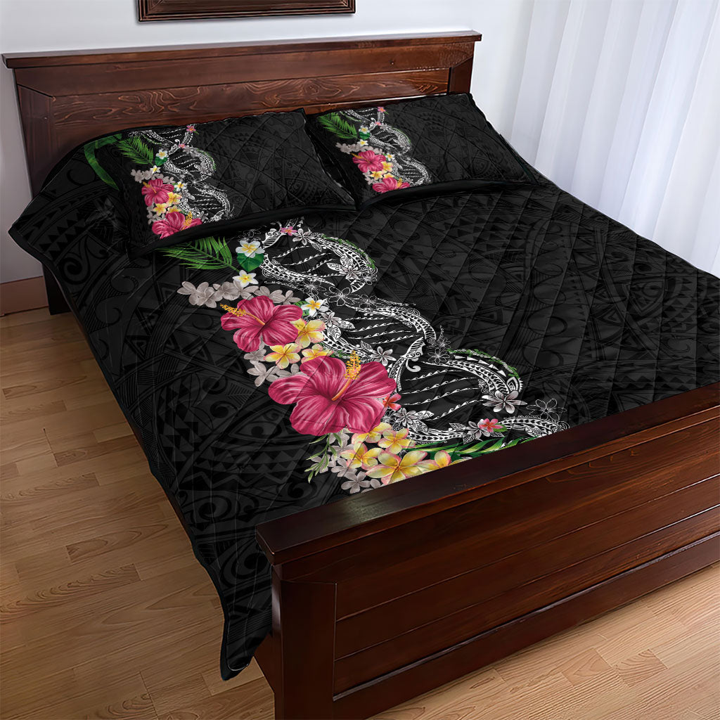 Hawaii DNA Kakau Tattoo Quilt Bed Set with Plumeria and Hibiscus Tropical Plants Black Color