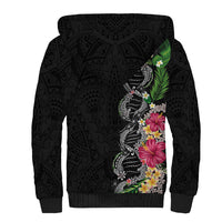 Hawaii DNA Kakau Tattoo Sherpa Hoodie with Plumeria and Hibiscus Tropical Plants Black Color