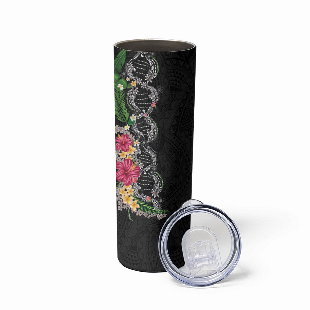 Hawaii DNA Kakau Tattoo Skinny Tumbler with Plumeria and Hibiscus Tropical Plants Black Color