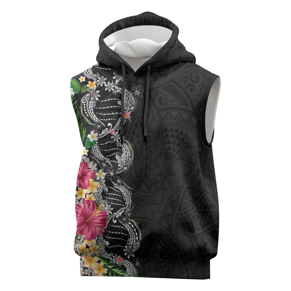 Hawaii DNA Kakau Tattoo Sleeveless Hoodie with Plumeria and Hibiscus Tropical Plants Black Color