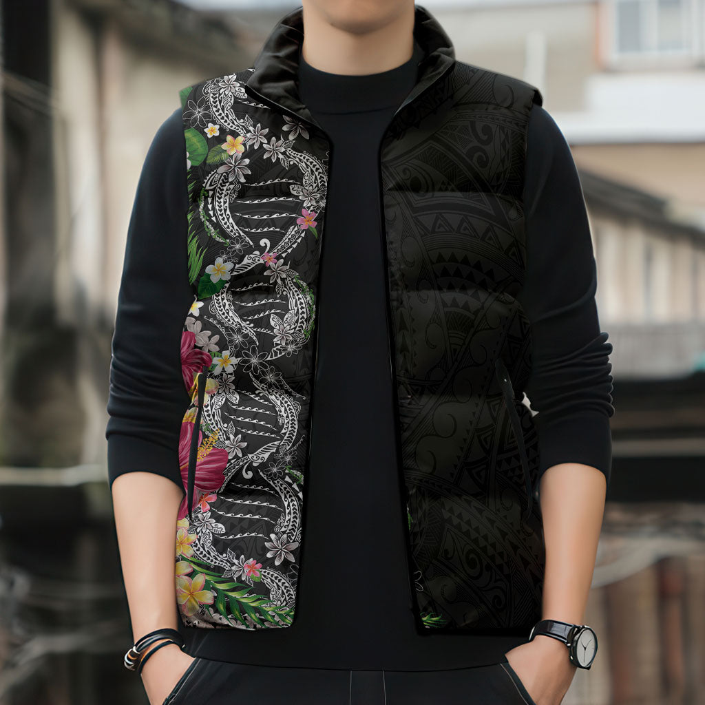 Hawaii DNA Kakau Tattoo Sleeveless Puffer Jacket with Plumeria and Hibiscus Tropical Plants Black Color