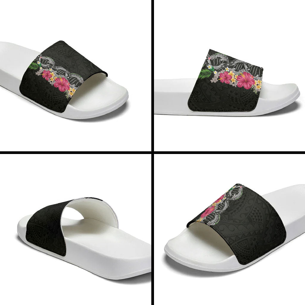 Hawaii DNA Kakau Tattoo Slide Sandals with Plumeria and Hibiscus Tropical Plants Black Color LT03 - Polynesian Pride