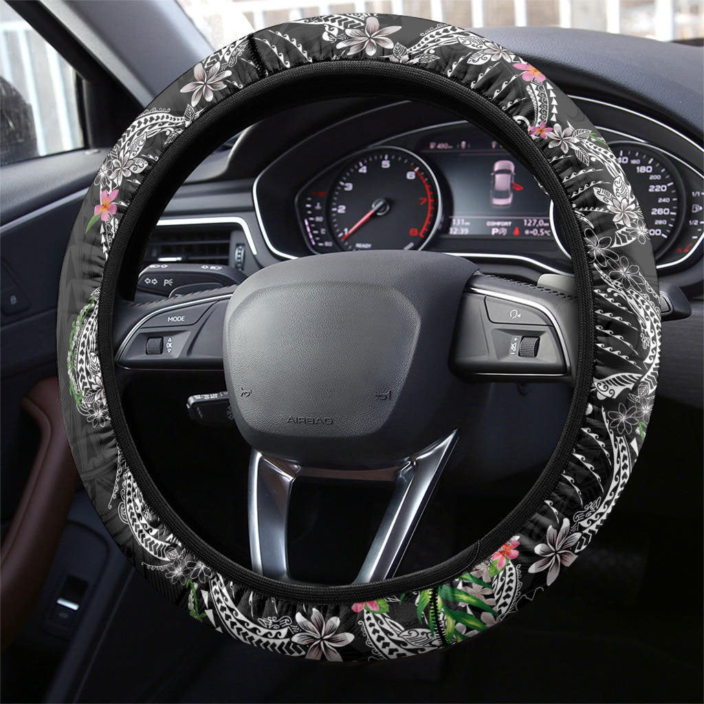 Hawaii DNA Kakau Tattoo Steering Wheel Cover with Plumeria and Hibiscus Tropical Plants Black Color