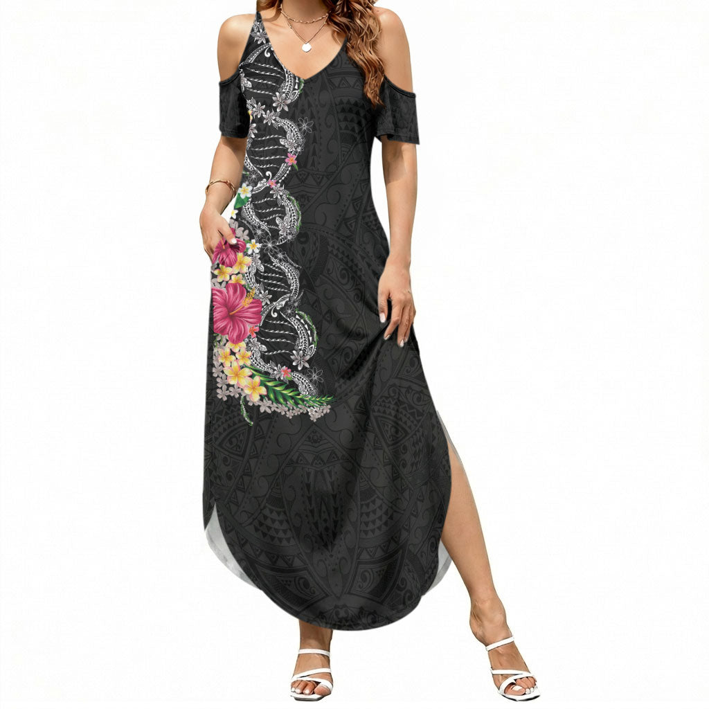 Hawaii DNA Kakau Tattoo Summer Maxi Dress with Plumeria and Hibiscus Tropical Plants Black Color