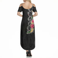 Hawaii DNA Kakau Tattoo Summer Maxi Dress with Plumeria and Hibiscus Tropical Plants Black Color