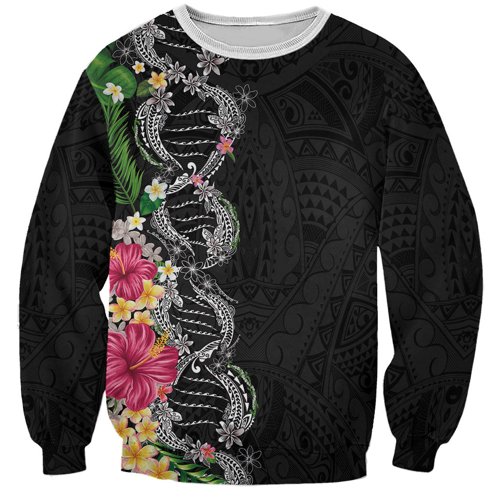 Hawaii DNA Kakau Tattoo Sweatshirt with Plumeria and Hibiscus Tropical Plants Black Color