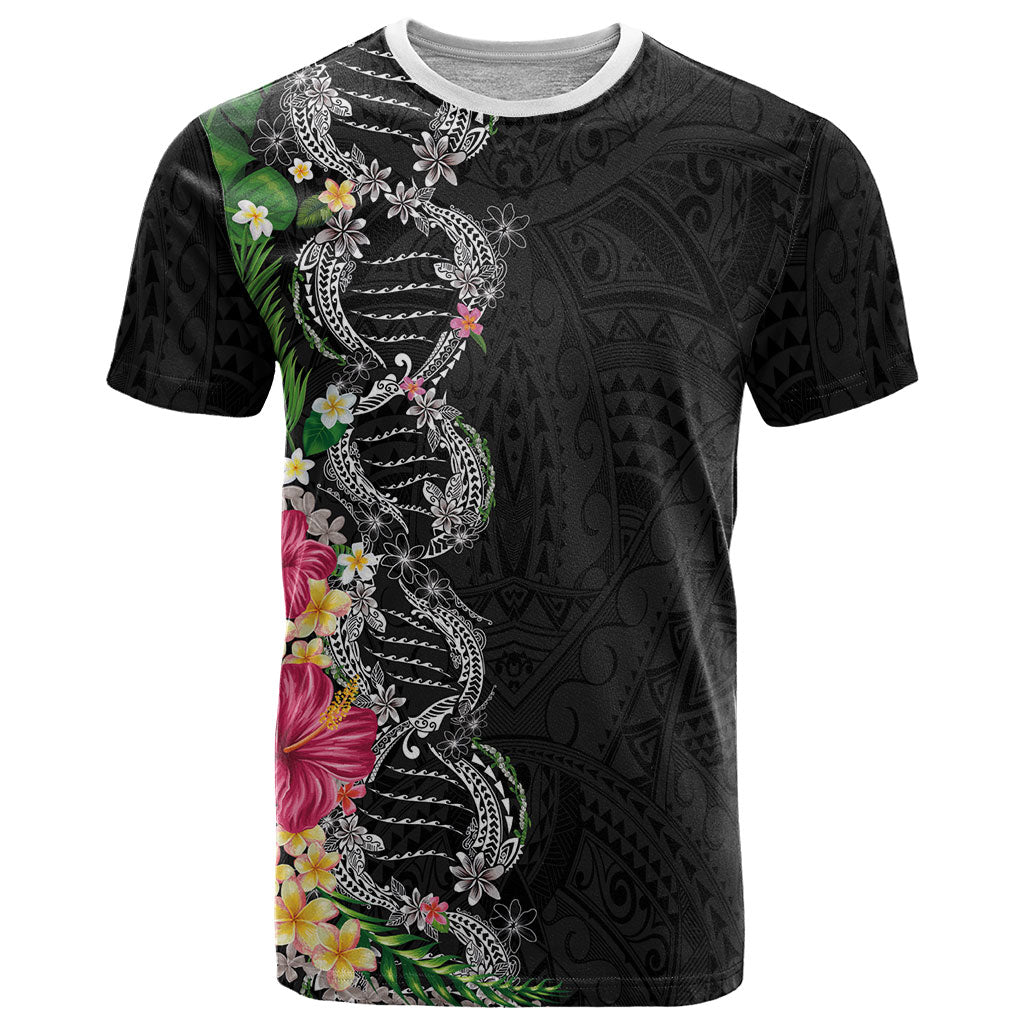 Hawaii DNA Kakau Tattoo T Shirt with Plumeria and Hibiscus Tropical Plants Black Color