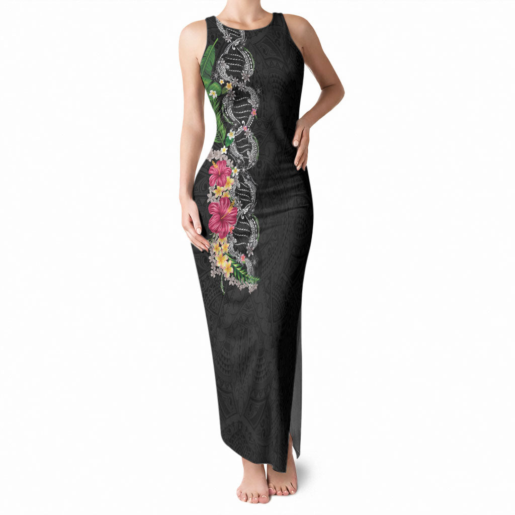 Hawaii DNA Kakau Tattoo Tank Maxi Dress with Plumeria and Hibiscus Tropical Plants Black Color