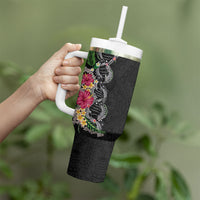 Hawaii DNA Kakau Tattoo Tumbler With Handle with Plumeria and Hibiscus Tropical Plants Black Color