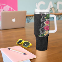 Hawaii DNA Kakau Tattoo Tumbler With Handle with Plumeria and Hibiscus Tropical Plants Black Color