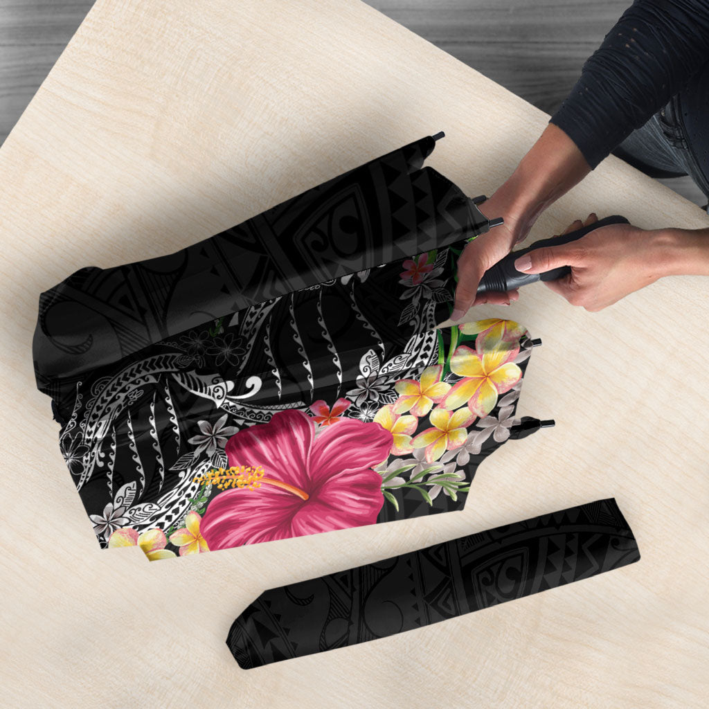 Hawaii DNA Kakau Tattoo Umbrella with Plumeria and Hibiscus Tropical Plants Black Color