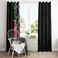 Hawaii DNA Kakau Tattoo Window Curtain with Plumeria and Hibiscus Tropical Plants Black Color