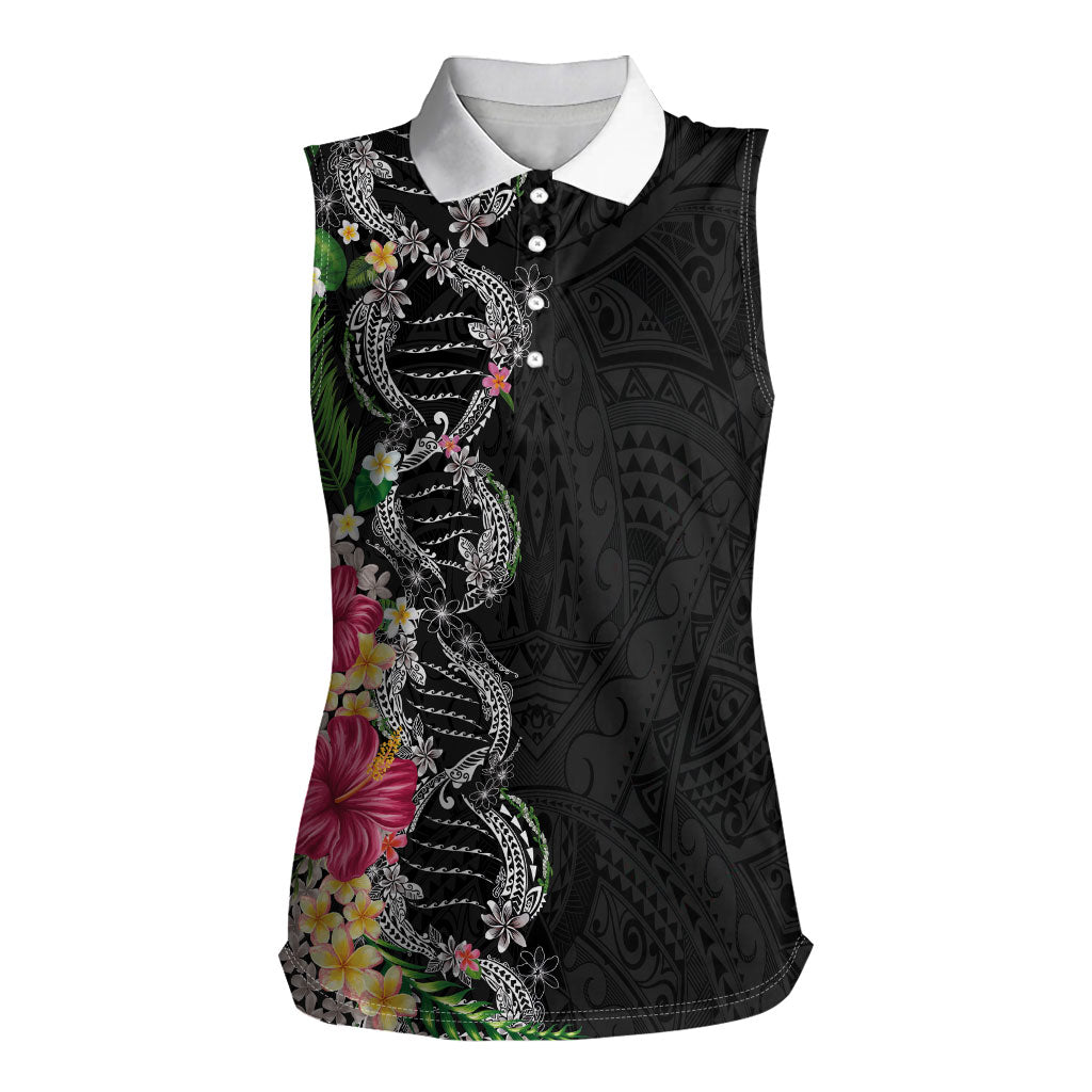 Hawaii DNA Kakau Tattoo Women Sleeveless Polo Shirt with Plumeria and Hibiscus Tropical Plants Black Color