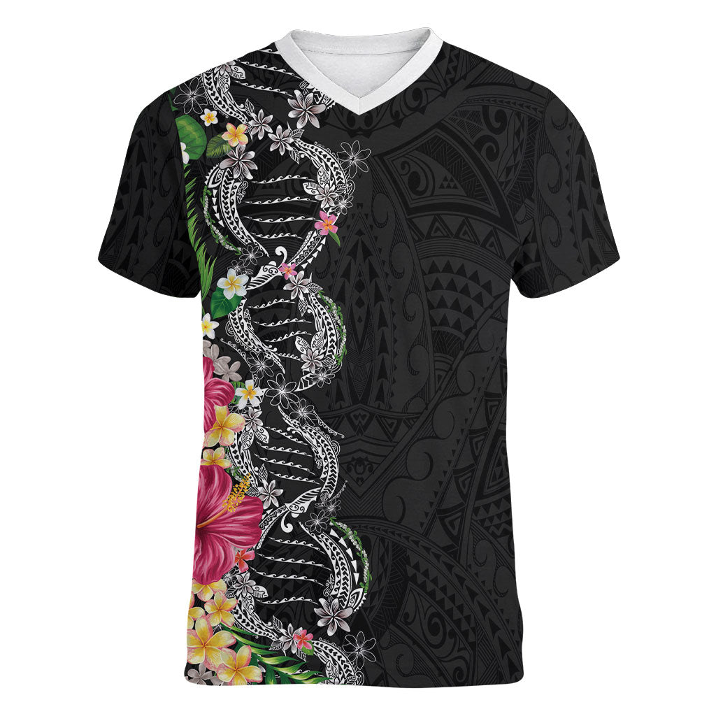 Hawaii DNA Kakau Tattoo Women V-Neck T-Shirt with Plumeria and Hibiscus Tropical Plants Black Color