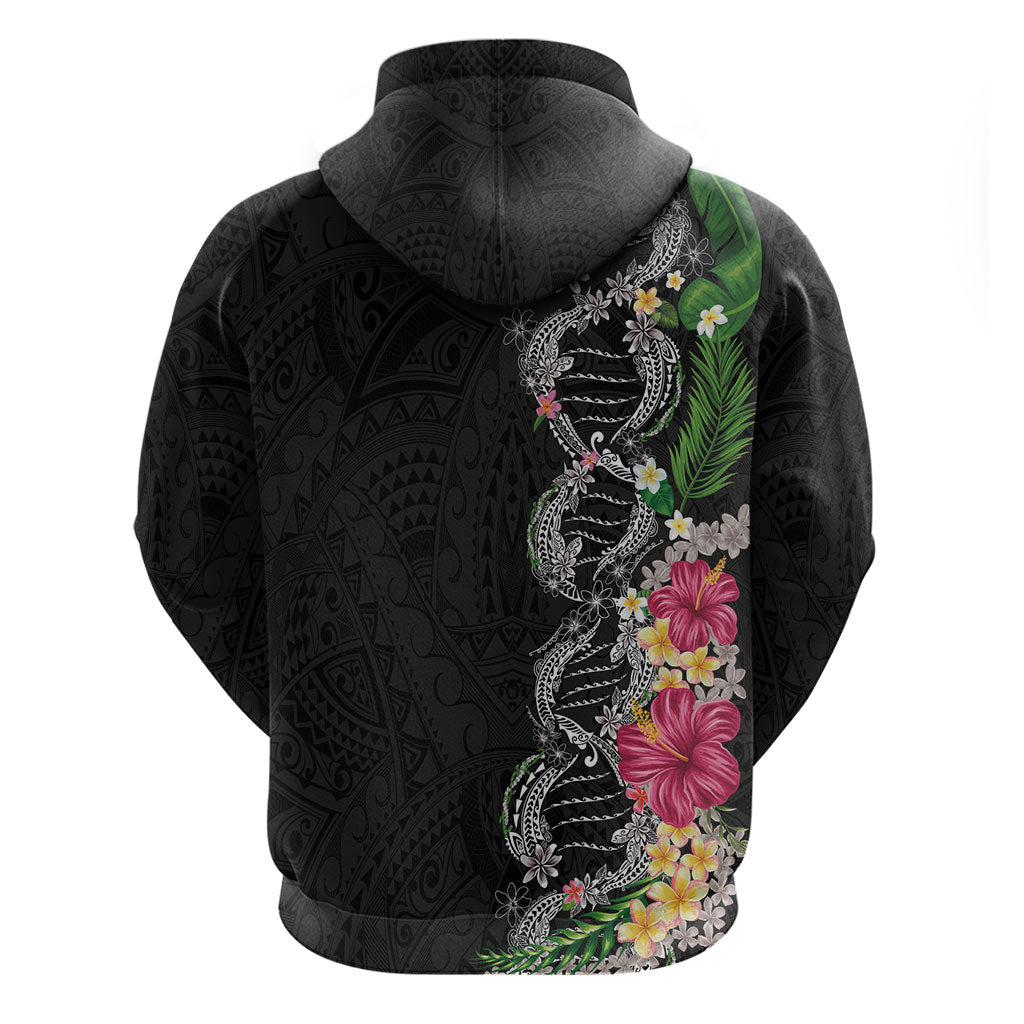 Hawaii DNA Kakau Tattoo Zip Hoodie with Plumeria and Hibiscus Tropical Plants Black Color
