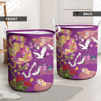 Hawaiian and Japanese Culture Together Laundry Basket Kakau Tribal Pattern and Irezumi Art Purple Color