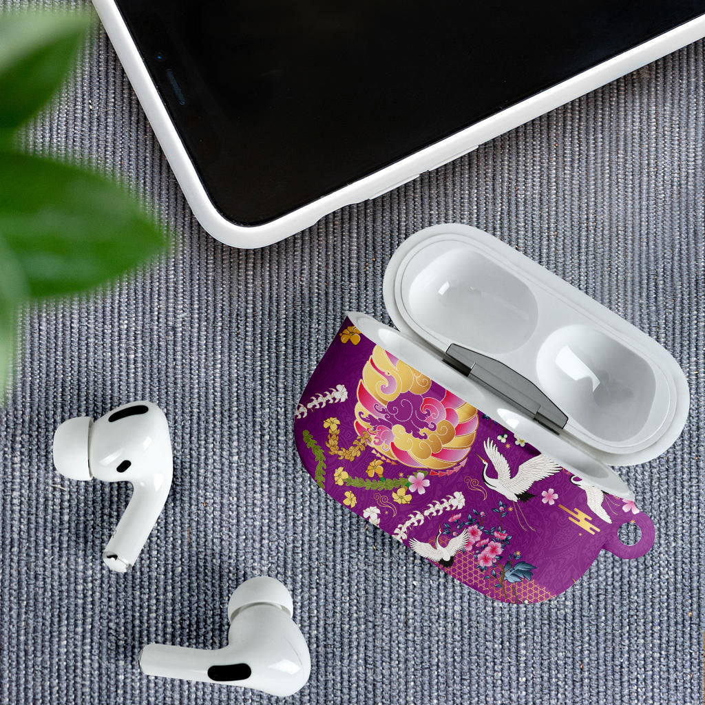 Hawaiian and Japanese Culture Together AirPods Case Kakau Tribal Pattern and Irezumi Art Purple Color