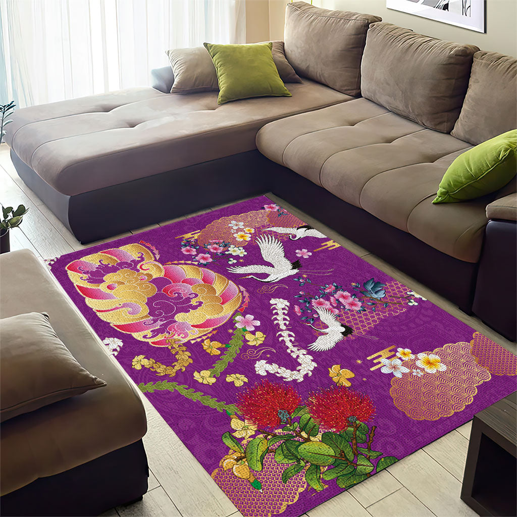 Hawaiian and Japanese Culture Together Area Rug Kakau Tribal Pattern and Irezumi Art Purple Color LT03 - Polynesian Pride