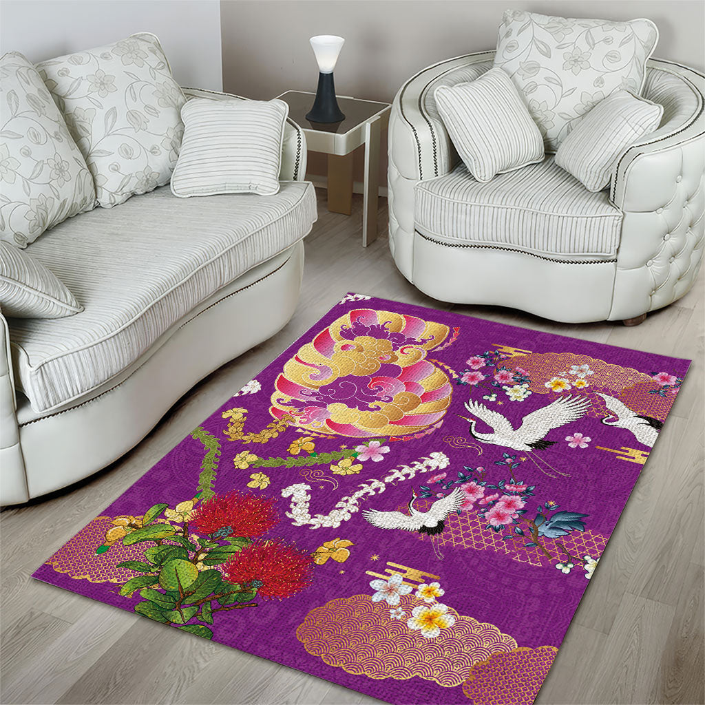 Hawaiian and Japanese Culture Together Area Rug Kakau Tribal Pattern and Irezumi Art Purple Color LT03 - Polynesian Pride