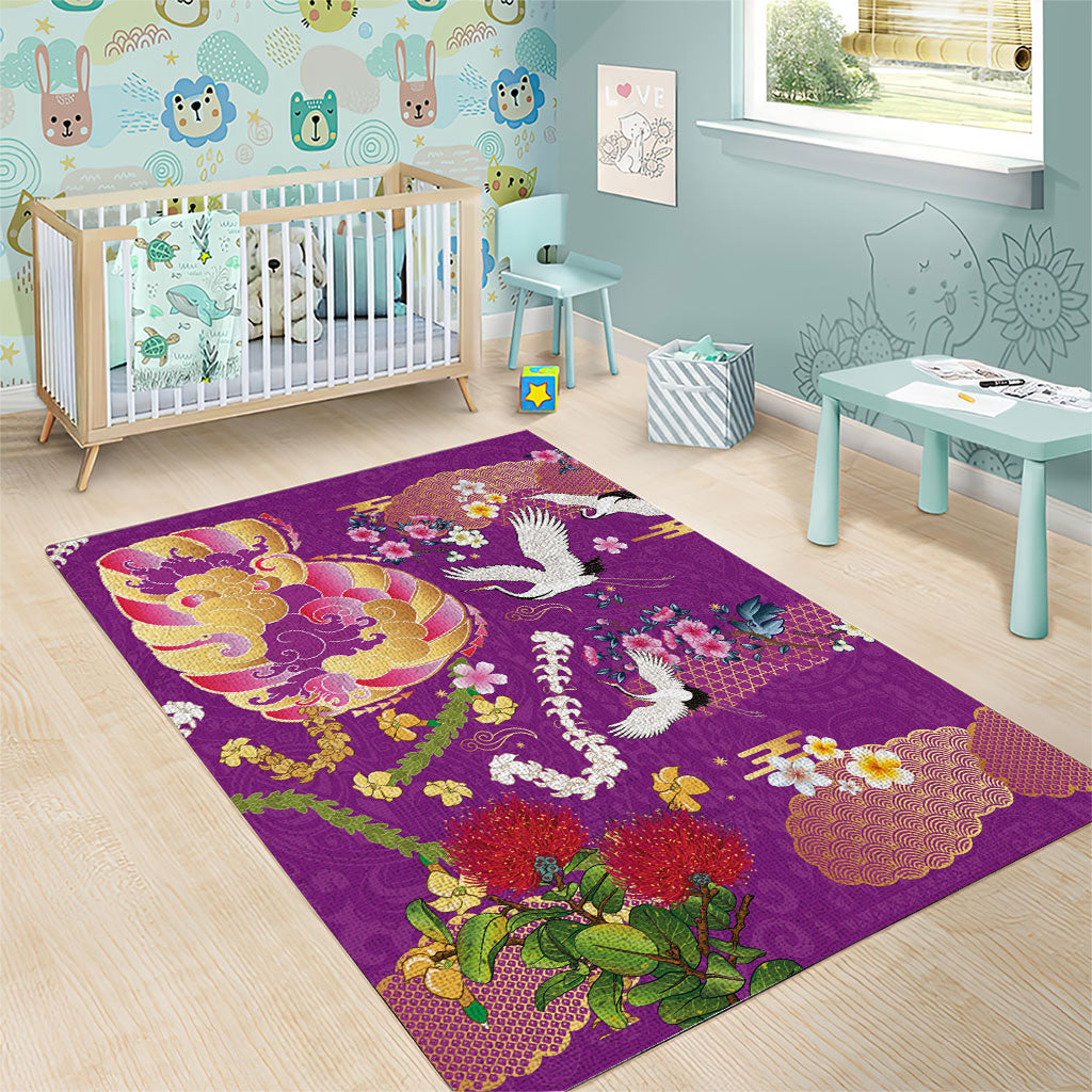 Hawaiian and Japanese Culture Together Area Rug Kakau Tribal Pattern and Irezumi Art Purple Color LT03 - Polynesian Pride