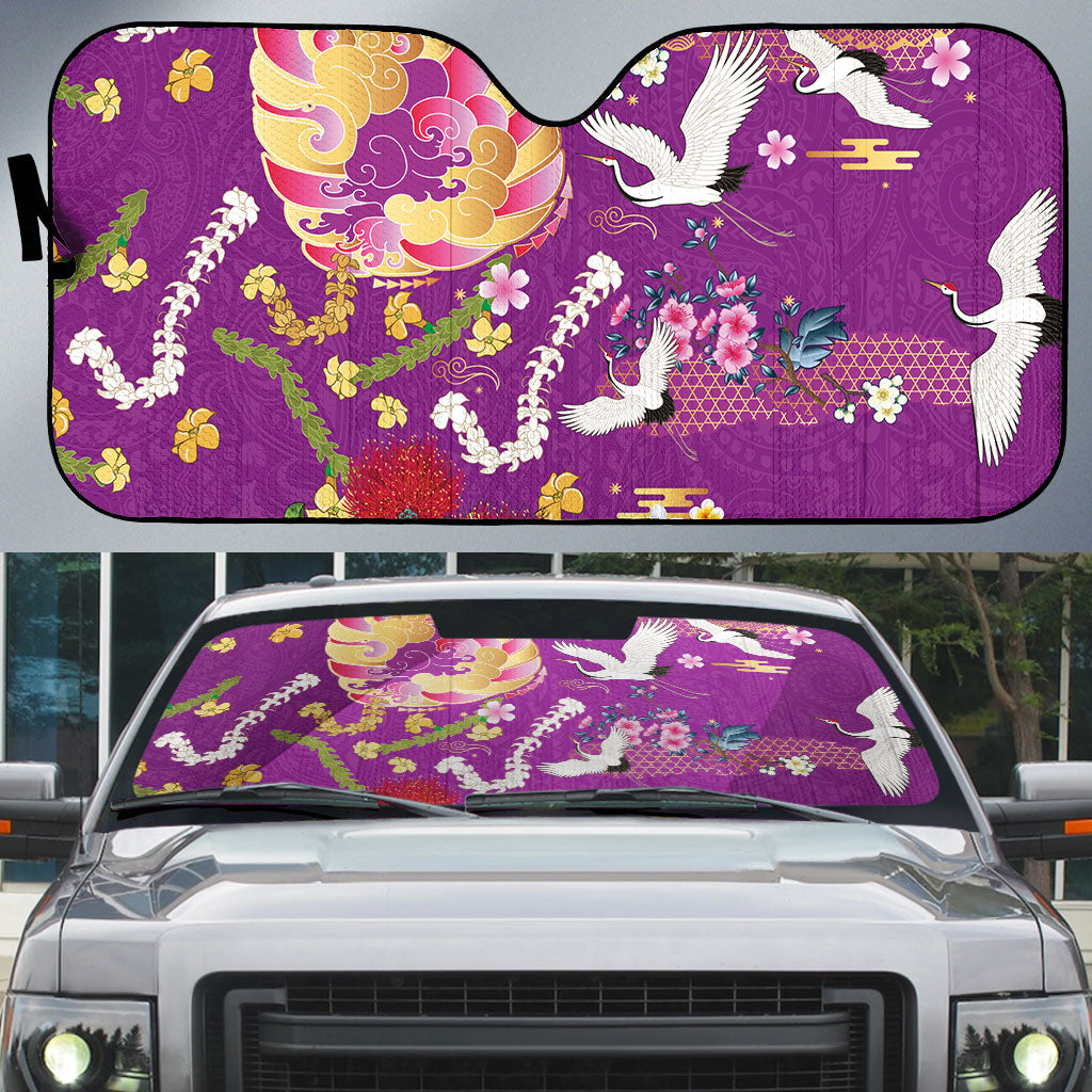 Hawaiian and Japanese Culture Together Auto Sun Shade Kakau Tribal Pattern and Irezumi Art Purple Color