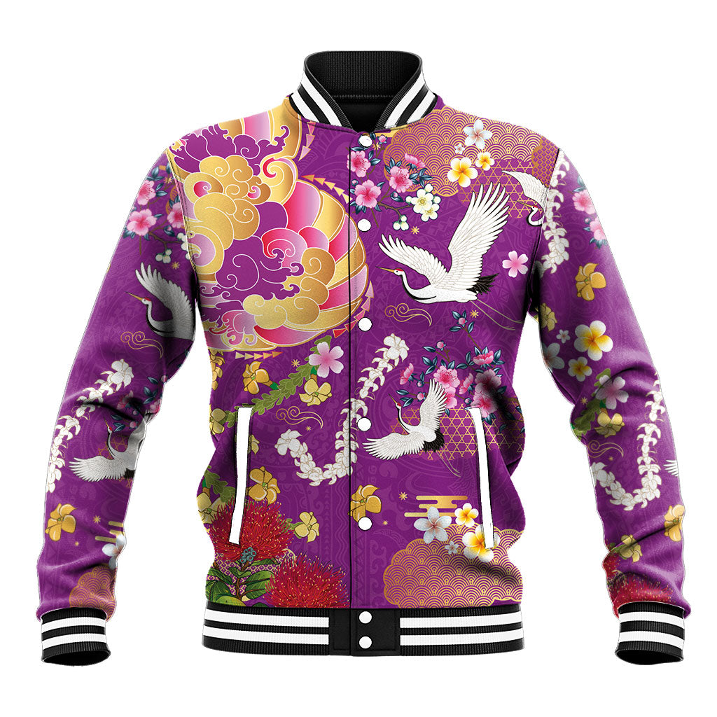 Hawaiian and Japanese Culture Together Baseball Jacket Kakau Tribal Pattern and Irezumi Art Purple Color