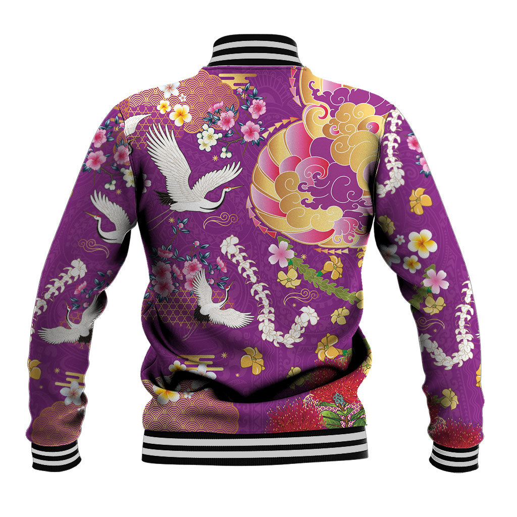 Hawaiian and Japanese Culture Together Baseball Jacket Kakau Tribal Pattern and Irezumi Art Purple Color