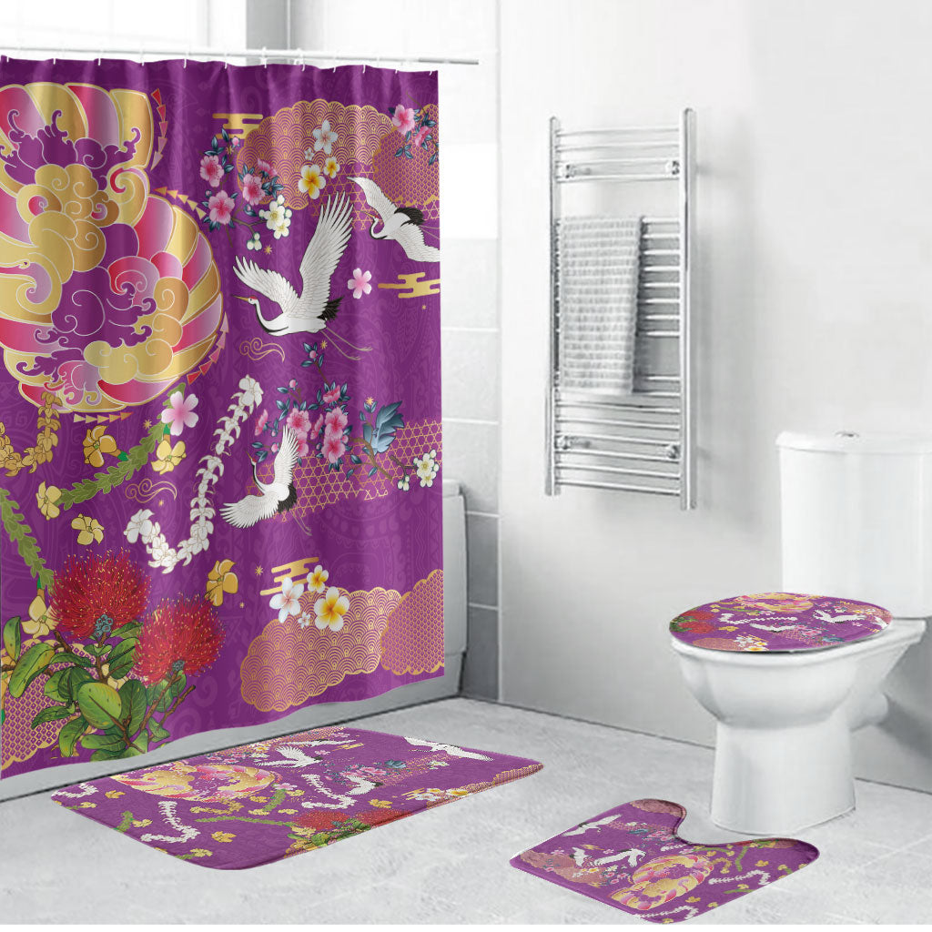 Hawaiian and Japanese Culture Together Bathroom Set Kakau Tribal Pattern and Irezumi Art Purple Color