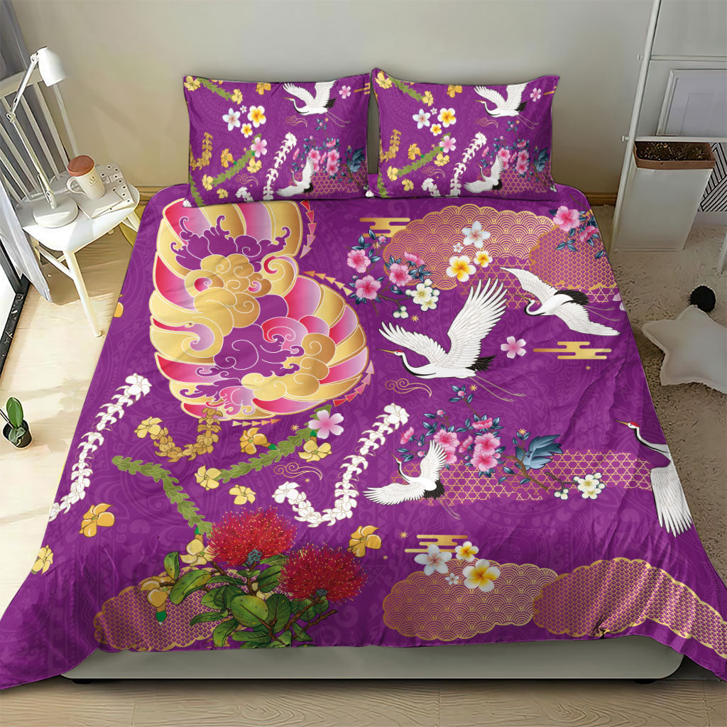 Hawaiian and Japanese Culture Together Bedding Set Kakau Tribal Pattern and Irezumi Art Purple Color