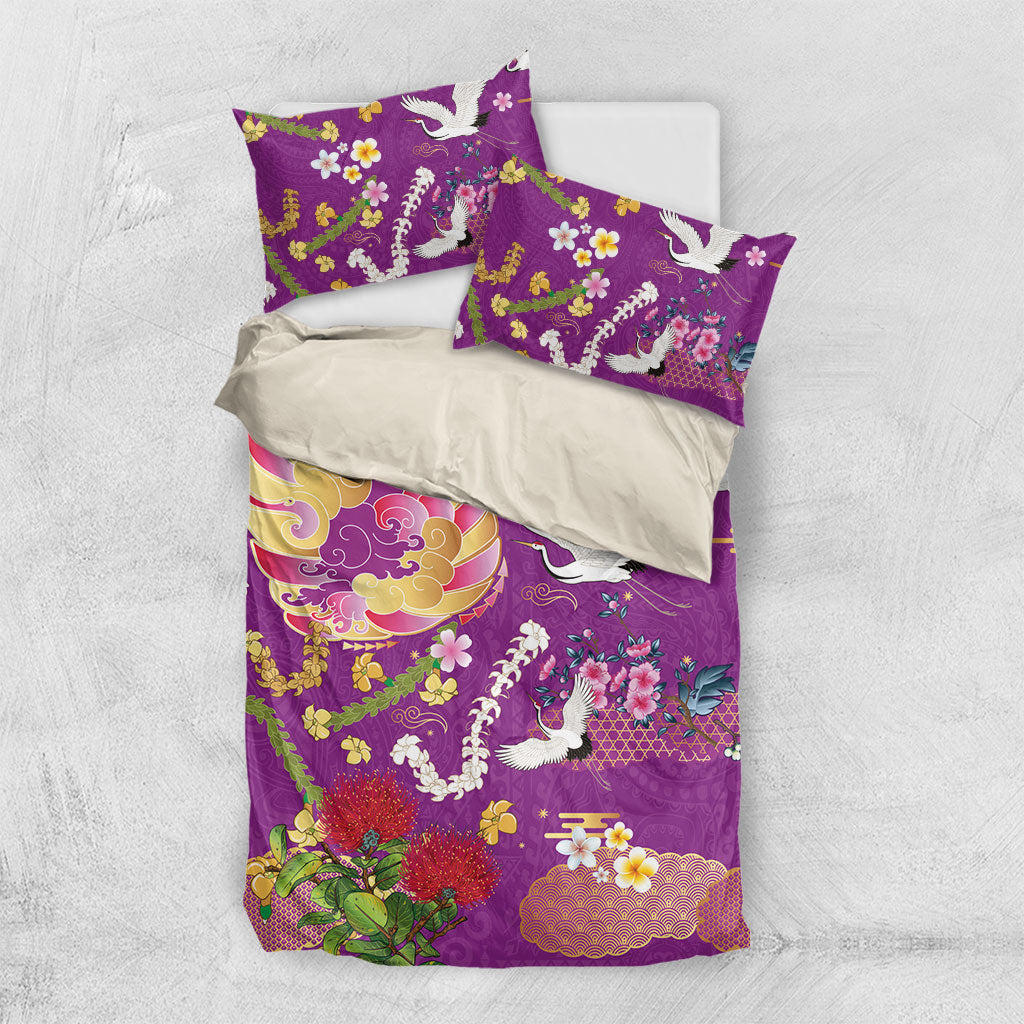 Hawaiian and Japanese Culture Together Bedding Set Kakau Tribal Pattern and Irezumi Art Purple Color