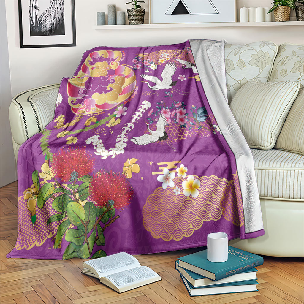 Hawaiian and Japanese Culture Together Blanket Kakau Tribal Pattern and Irezumi Art Purple Color