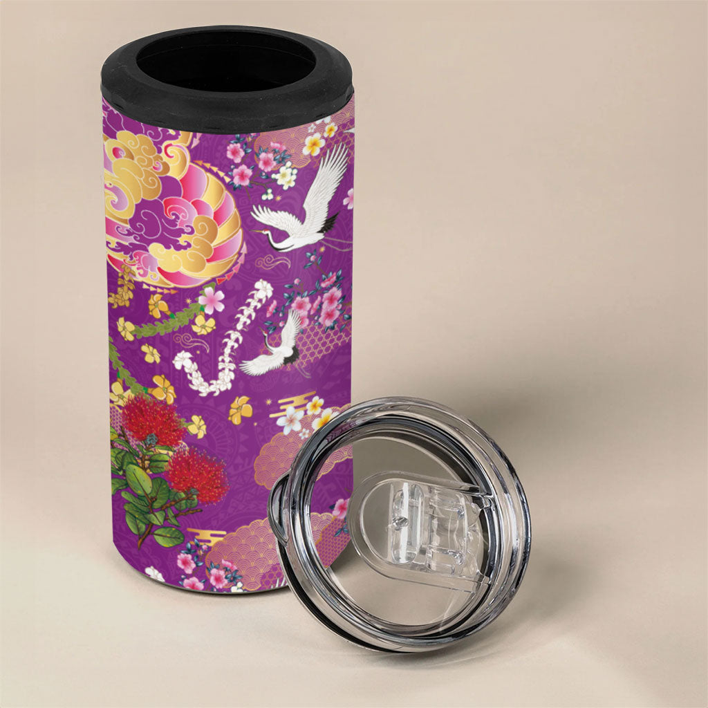 Hawaiian and Japanese Culture Together 4 in 1 Can Cooler Tumbler Kakau Tribal Pattern and Irezumi Art Purple Color