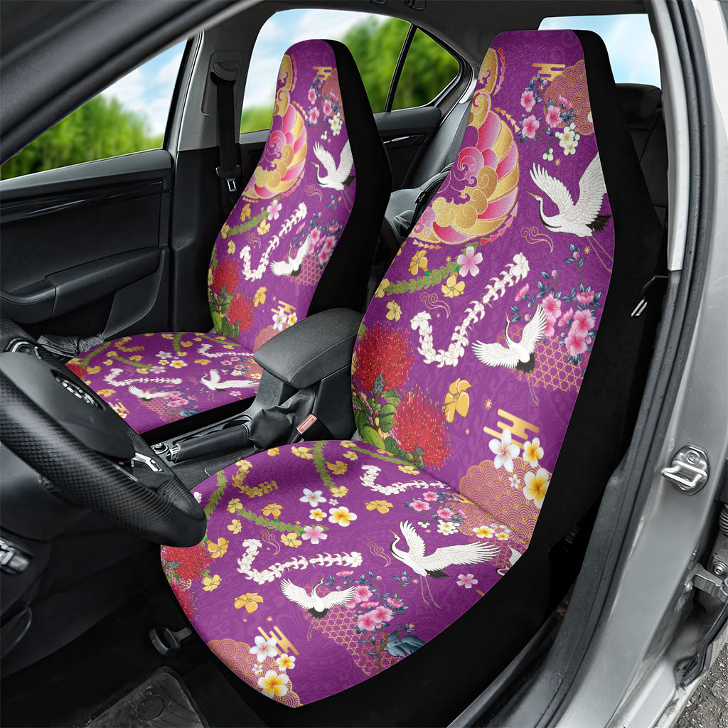 Hawaiian and Japanese Culture Together Car Seat Cover Kakau Tribal Pattern and Irezumi Art Purple Color