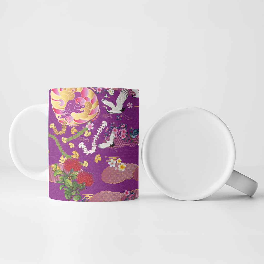 Hawaiian and Japanese Culture Together Ceramic Mug Kakau Tribal Pattern and Irezumi Art Purple Color