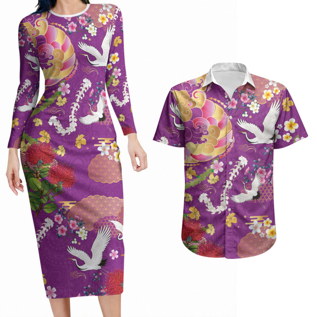 Hawaiian and Japanese Culture Together Couples Matching Long Sleeve Bodycon Dress and Hawaiian Shirt Kakau Tribal Pattern and Irezumi Art Purple Color