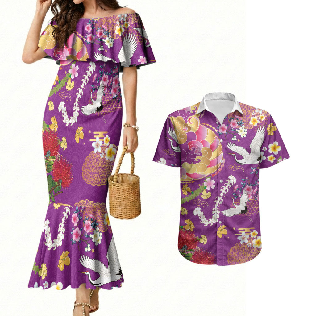 Hawaiian and Japanese Culture Together Couples Matching Mermaid Dress and Hawaiian Shirt Kakau Tribal Pattern and Irezumi Art Purple Color LT03 Purple - Polynesian Pride