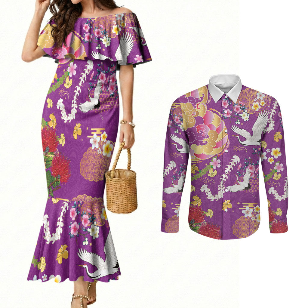 Hawaiian and Japanese Culture Together Couples Matching Mermaid Dress and Long Sleeve Button Shirt Kakau Tribal Pattern and Irezumi Art Purple Color