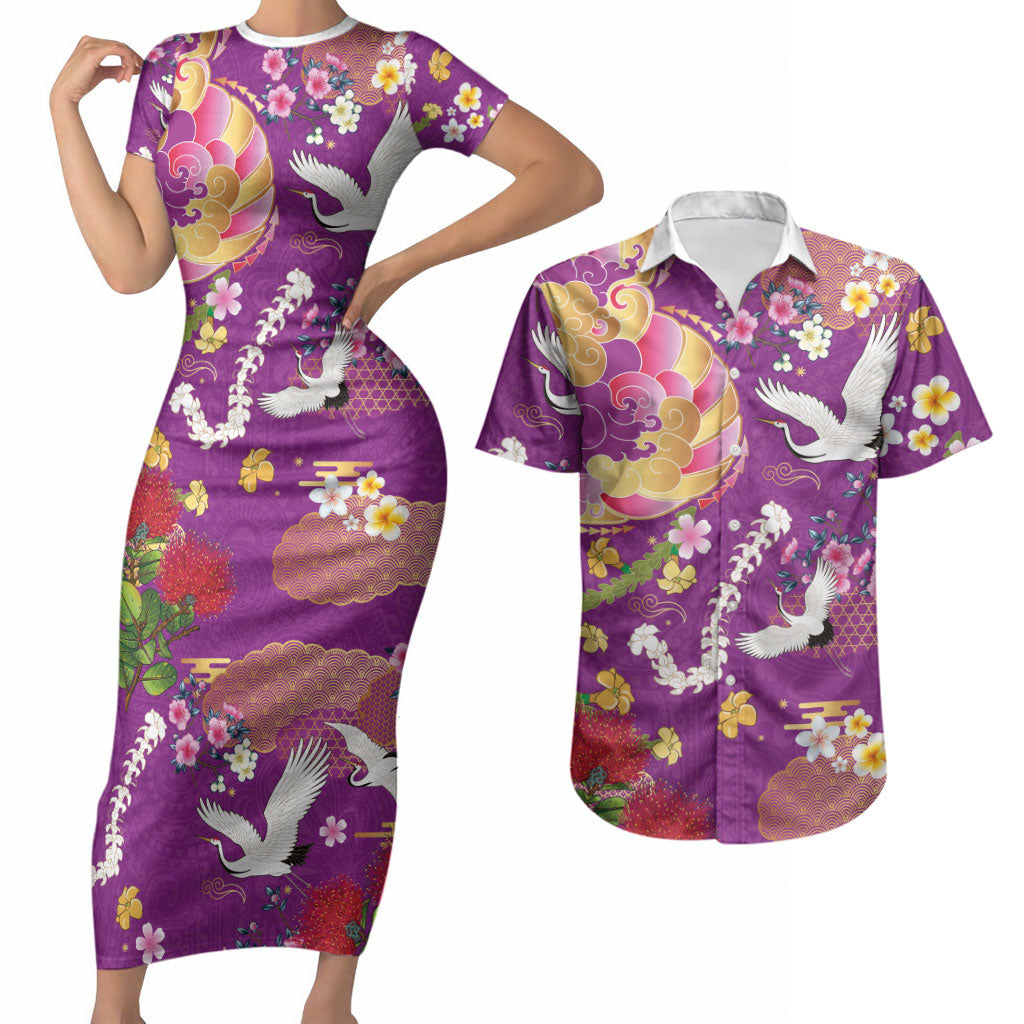 Hawaiian and Japanese Culture Together Couples Matching Short Sleeve Bodycon Dress and Hawaiian Shirt Kakau Tribal Pattern and Irezumi Art Purple Color LT03 Purple - Polynesian Pride