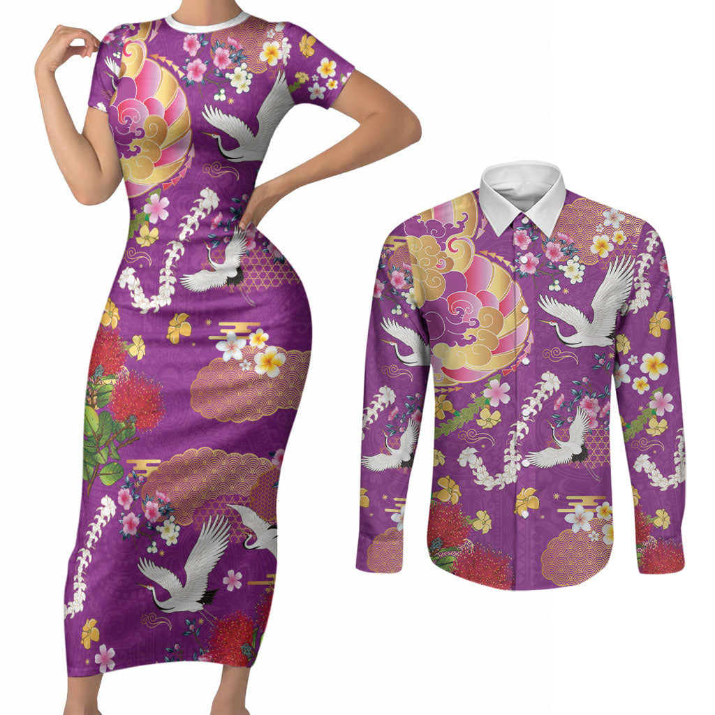 Hawaiian and Japanese Culture Together Couples Matching Short Sleeve Bodycon Dress and Long Sleeve Button Shirt Kakau Tribal Pattern and Irezumi Art Purple Color