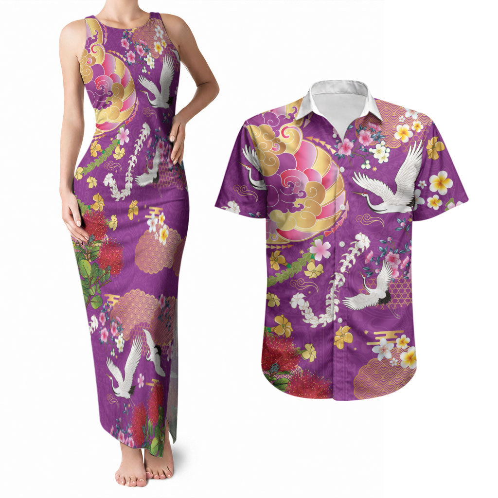 Hawaiian and Japanese Culture Together Couples Matching Tank Maxi Dress and Hawaiian Shirt Kakau Tribal Pattern and Irezumi Art Purple Color