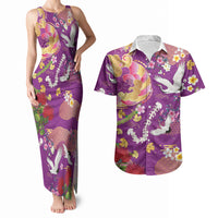 Hawaiian and Japanese Culture Together Couples Matching Tank Maxi Dress and Hawaiian Shirt Kakau Tribal Pattern and Irezumi Art Purple Color