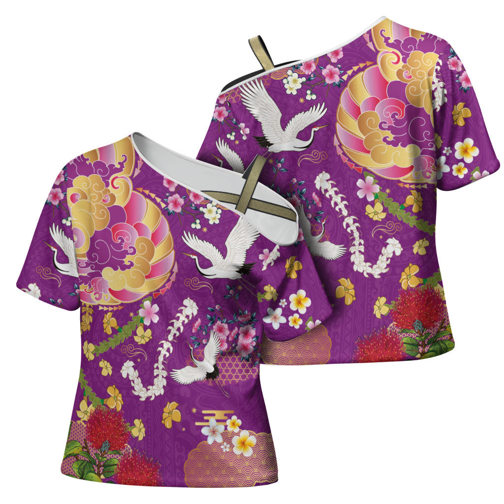 Hawaiian and Japanese Culture Together Cross Shoulder Shirt Kakau Tribal Pattern and Irezumi Art Purple Color