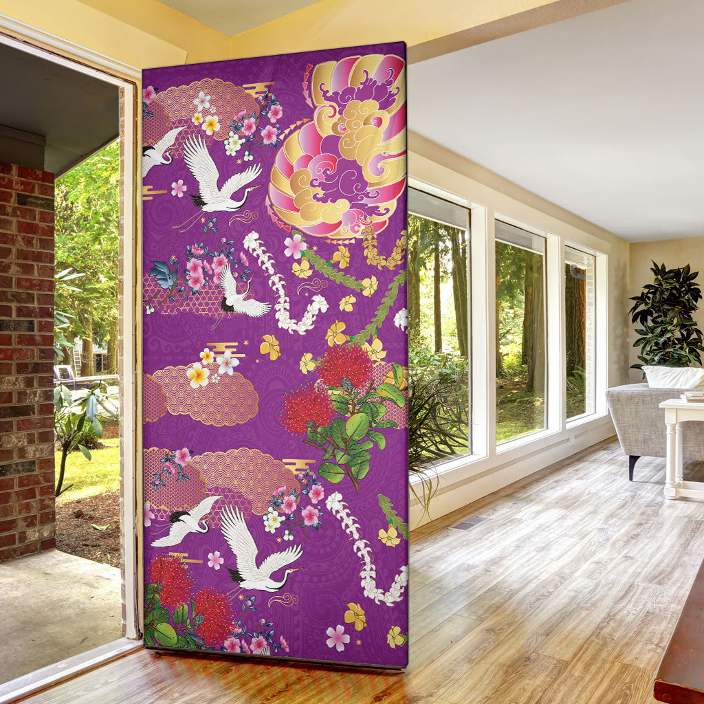 Hawaiian and Japanese Culture Together Door Cover Kakau Tribal Pattern and Irezumi Art Purple Color