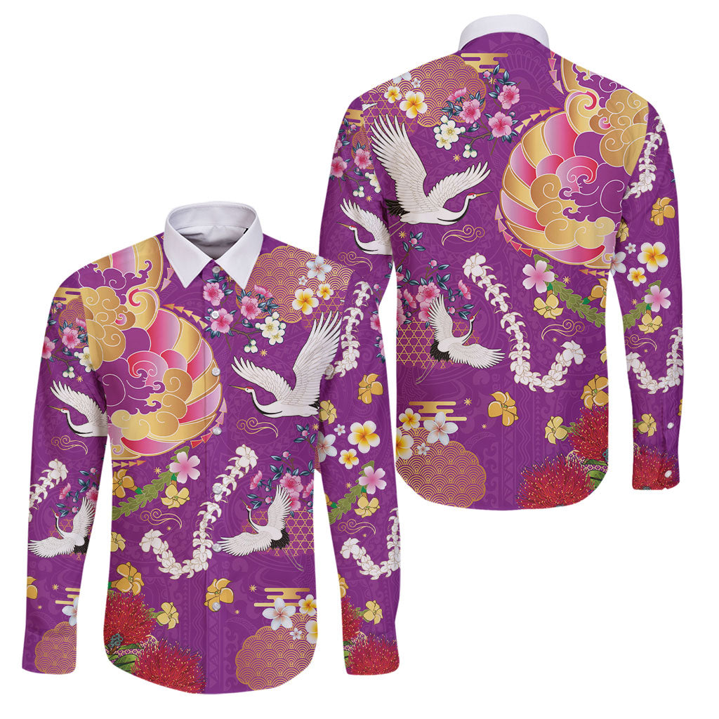 Hawaiian and Japanese Culture Together Family Matching Long Sleeve Bodycon Dress and Hawaiian Shirt Kakau Tribal Pattern and Irezumi Art Purple Color