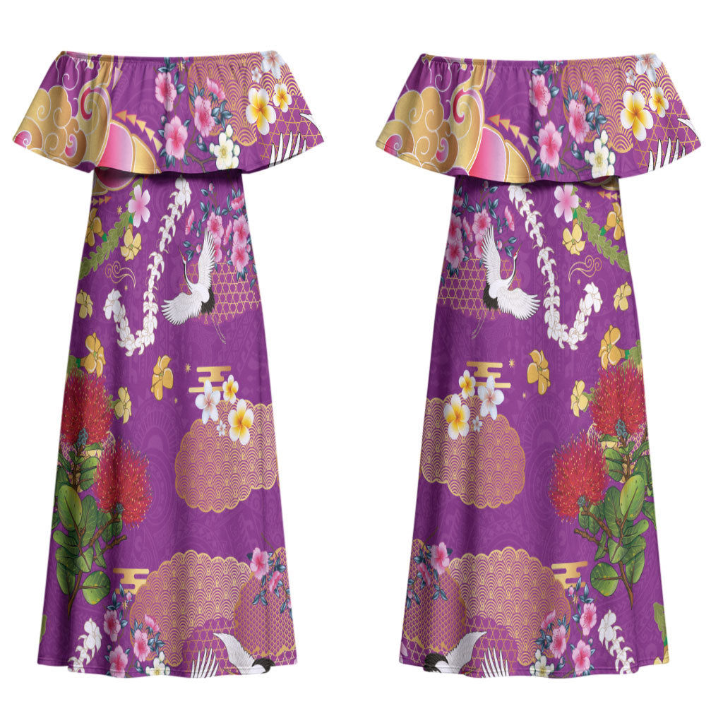 Hawaiian and Japanese Culture Together Family Matching Off Shoulder Maxi Dress and Hawaiian Shirt Kakau Tribal Pattern and Irezumi Art Purple Color