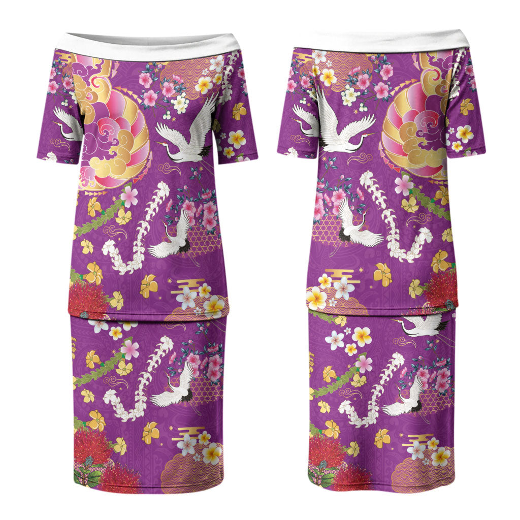 Hawaiian and Japanese Culture Together Family Matching Puletasi and Hawaiian Shirt Kakau Tribal Pattern and Irezumi Art Purple Color
