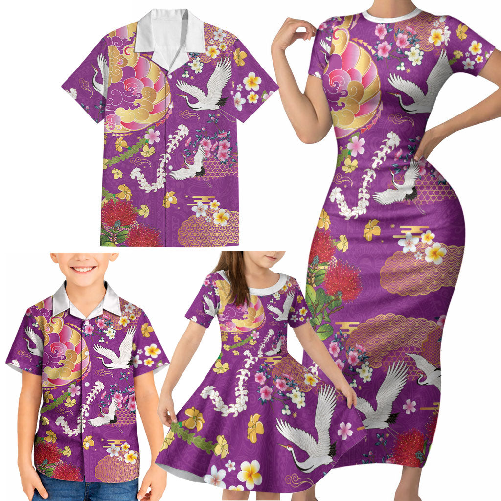Hawaiian and Japanese Culture Together Family Matching Short Sleeve Bodycon Dress and Hawaiian Shirt Kakau Tribal Pattern and Irezumi Art Purple Color