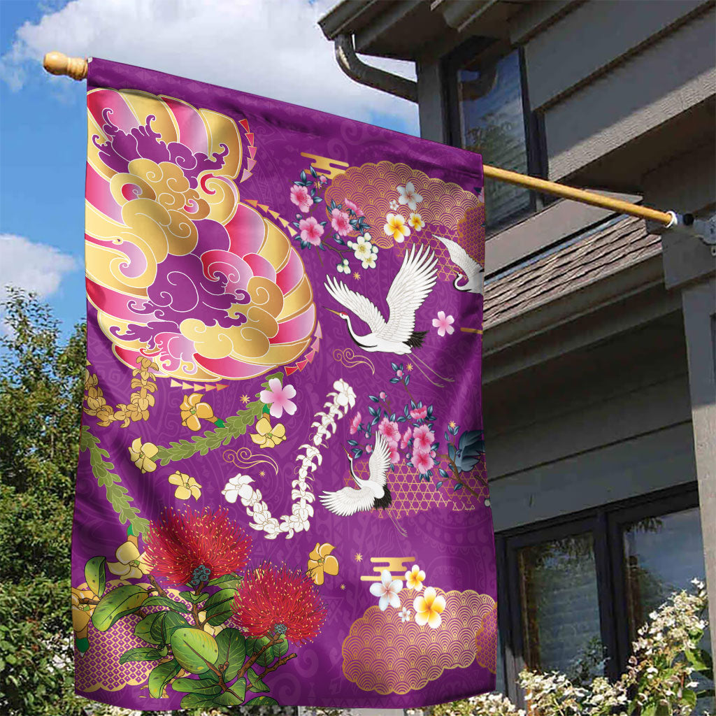 Hawaiian and Japanese Culture Together Garden Flag Kakau Tribal Pattern and Irezumi Art Purple Color