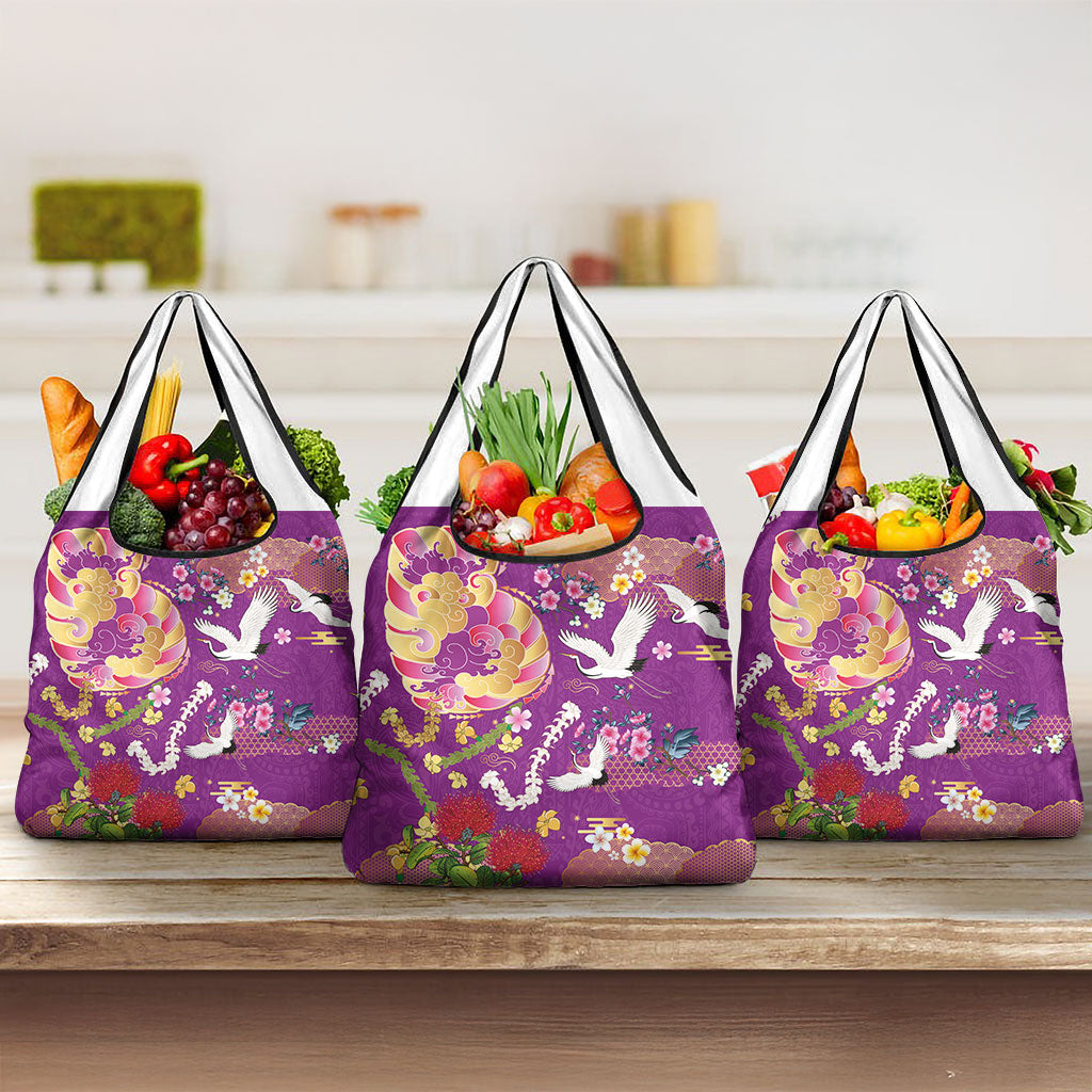 Hawaiian and Japanese Culture Together Grocery Bag Kakau Tribal Pattern and Irezumi Art Purple Color